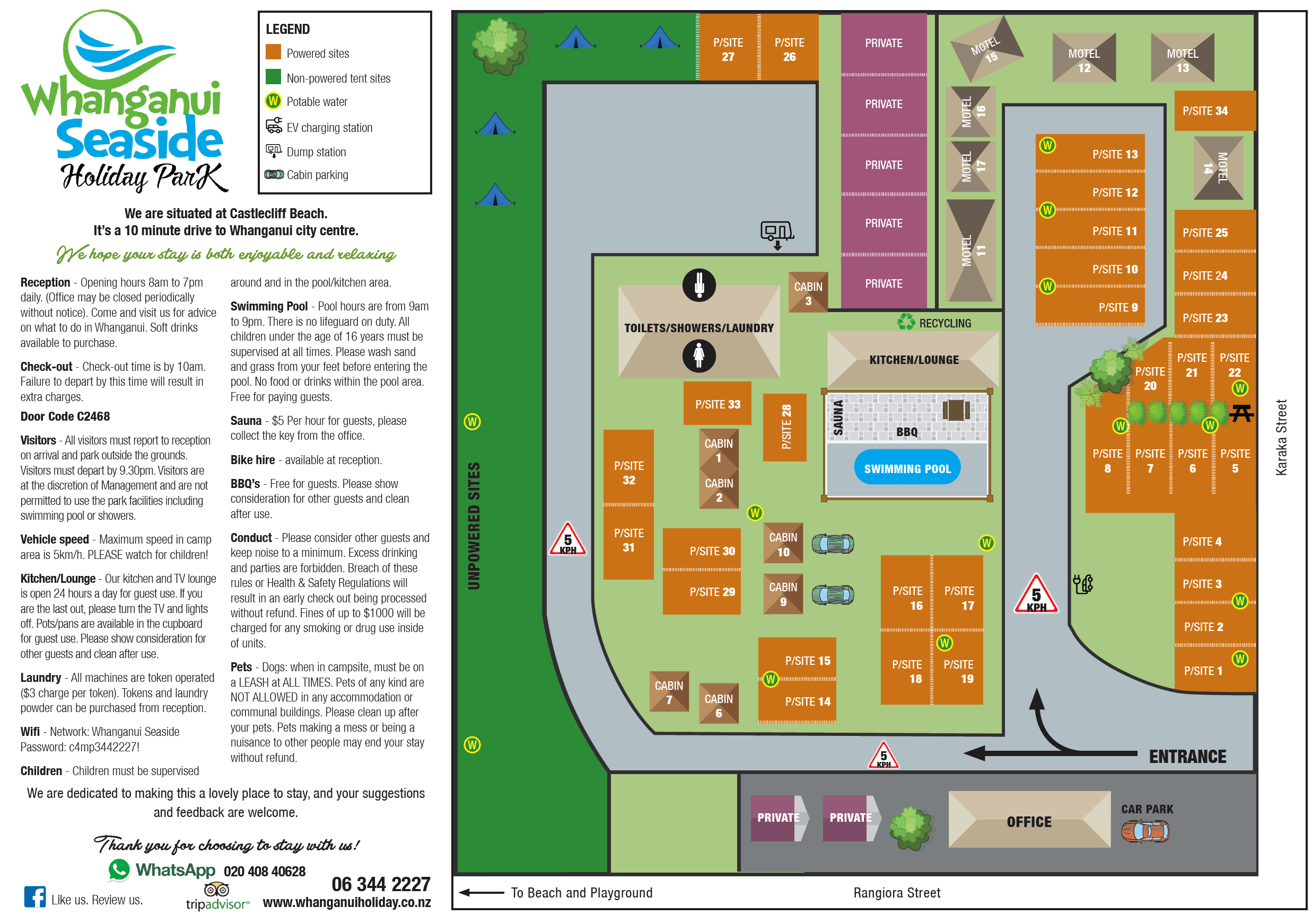 Site map of Whanganui Seaside Holiday Park showing powered and unpowered sites, cabins, kitchen, toilets, swimming pool and the entrance on Rangiora Street