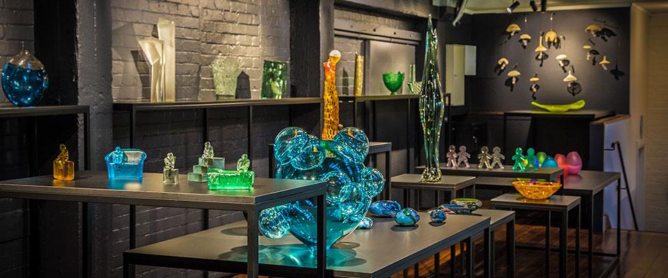 Coloured glass artworks on display at the New Zealand Glassworks gallery in Whanganui